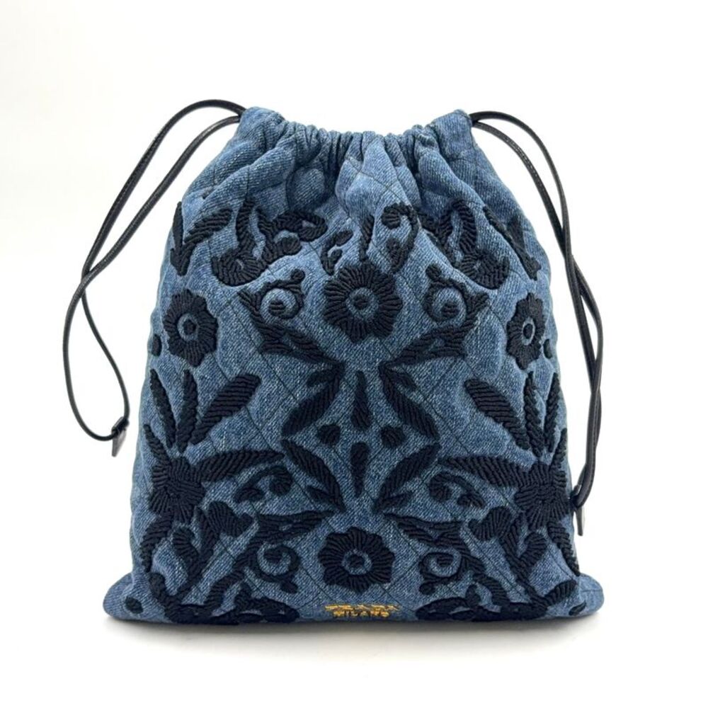 PRADA Embroidery Leather Denim Pouch